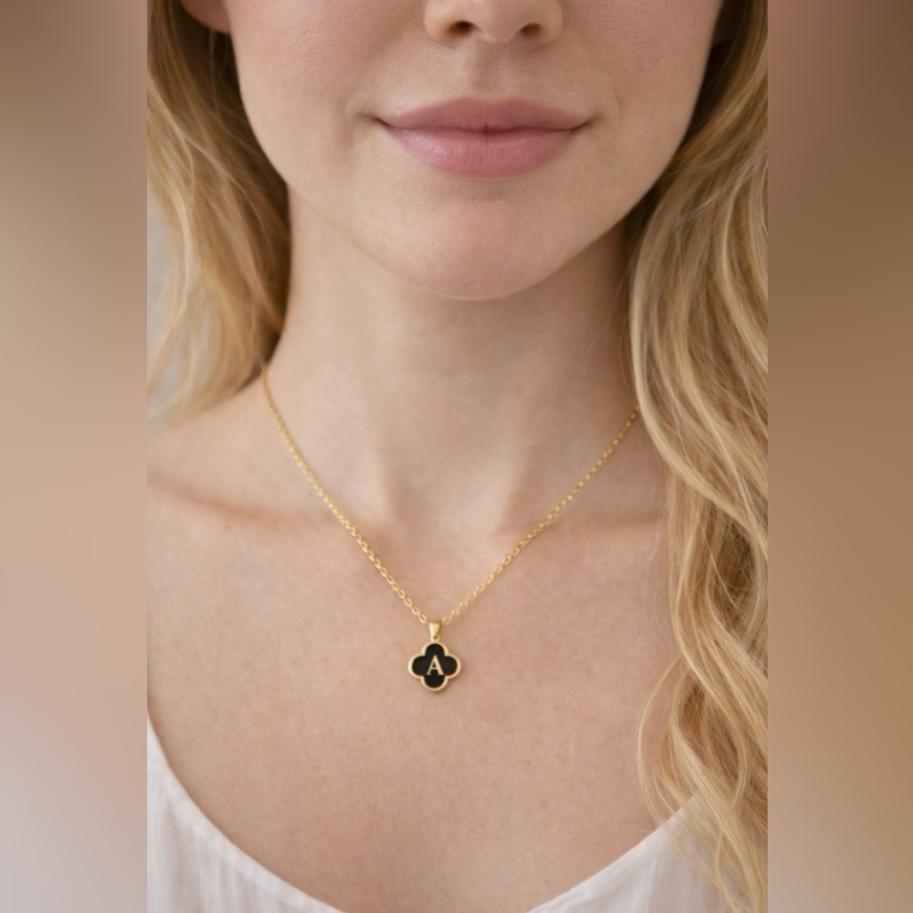 NEW Womens Stainless Steel Goldtone Black Clover Initial Necklace A 17.5"